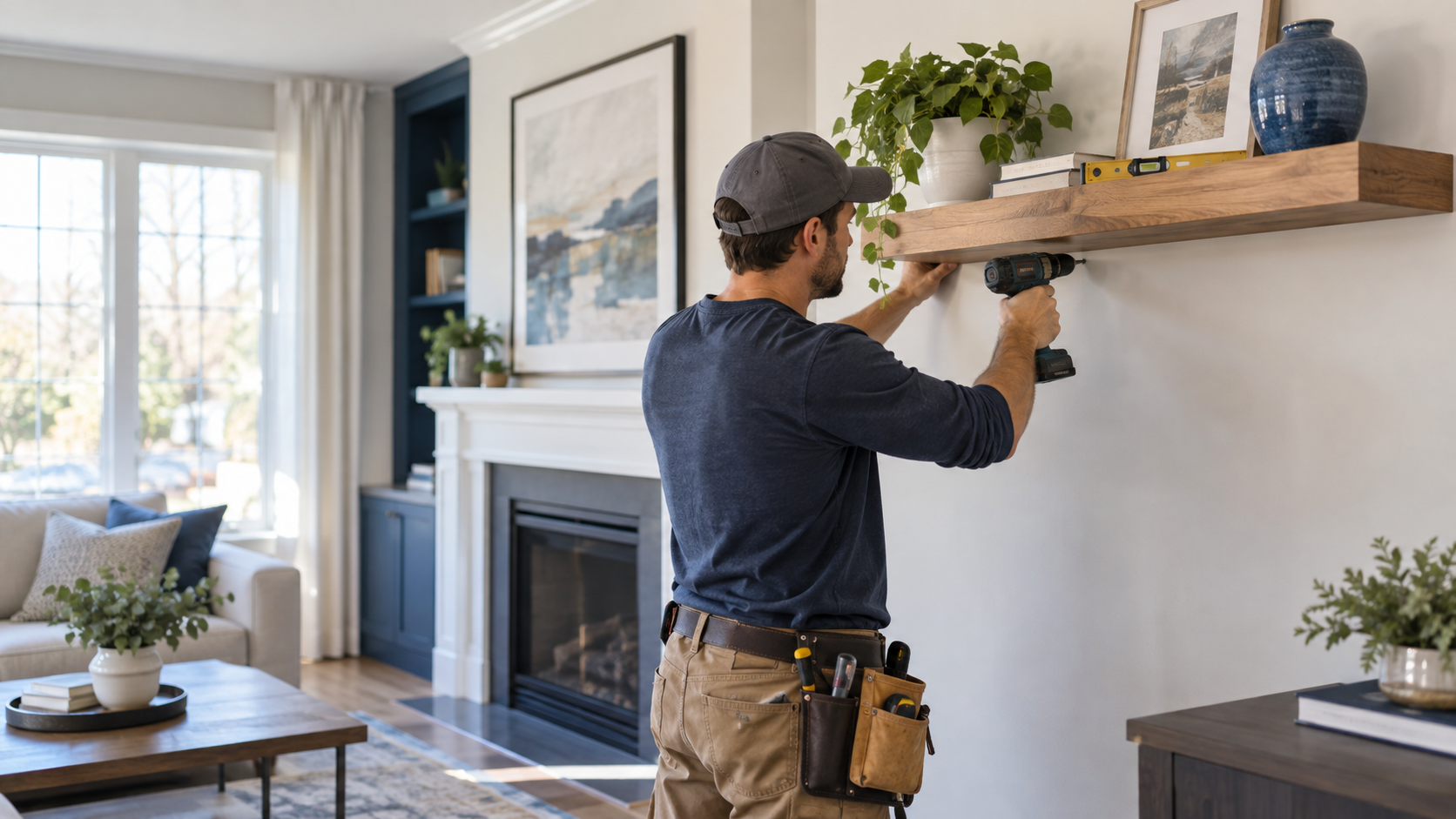 Professional handyman carefully installing a floating shelf
